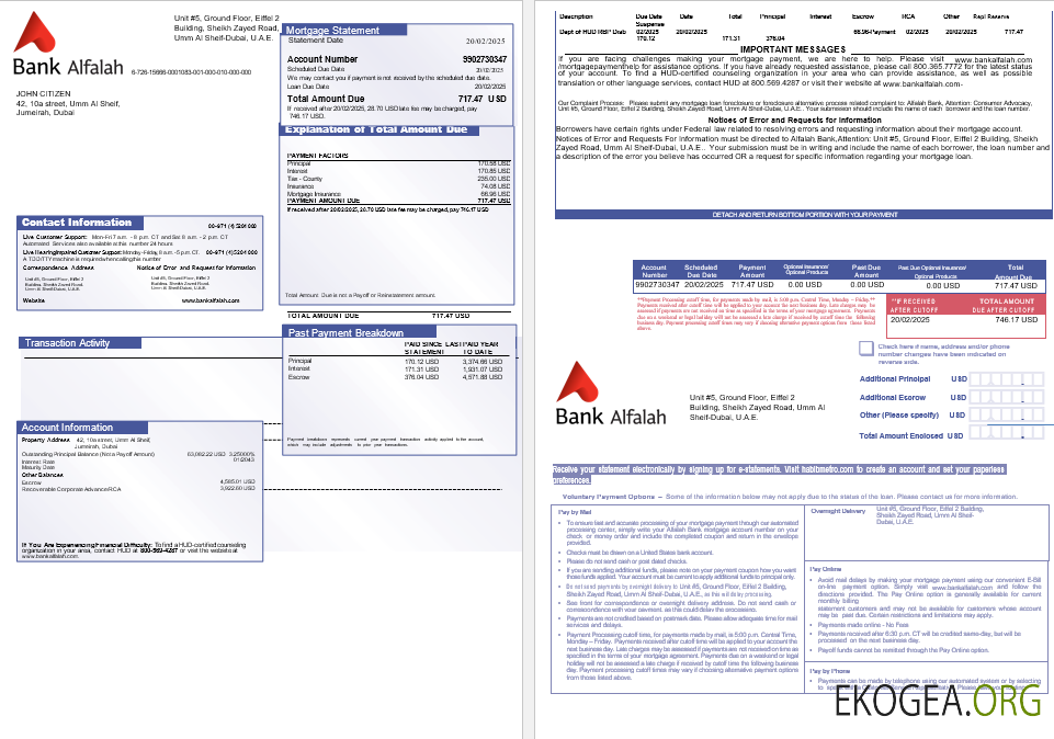 Relevé hypothécaire d'Alfalah de la UAE Abu Dhabi Bank aux formats Word et PDF, 3 pages 1 , 2